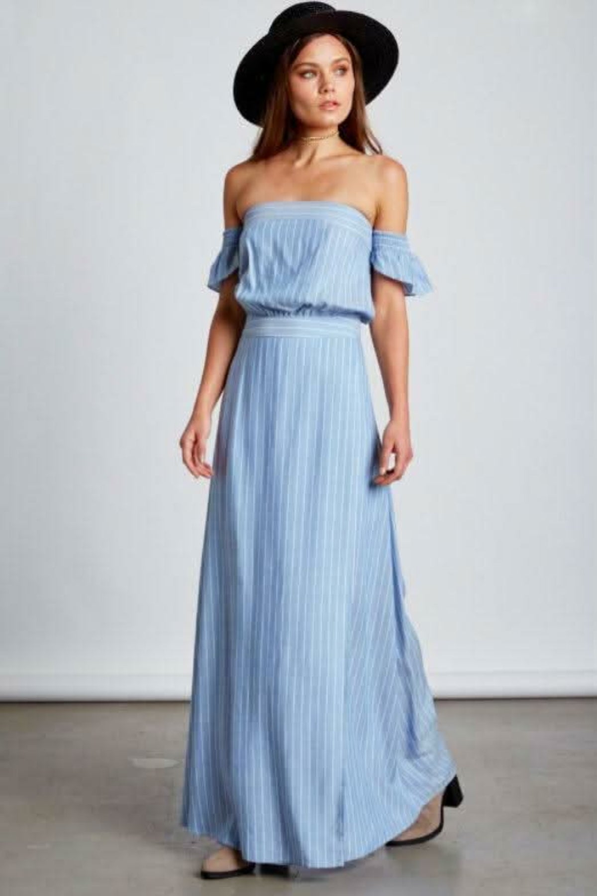Malibu Chambray Blue Stripe Off-the-Shoulder Maxi Dress Malibu Chambray Blue Stripe Off-the-Shoulder Maxi Dress