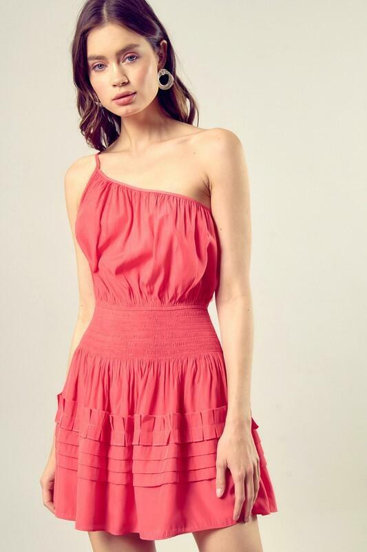 Pink One Shoulder Fit and Flare Dress