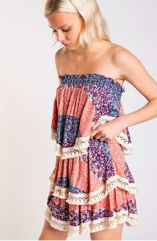 Summer Fields Blue and Blush Floral Print Strapless Two-Piece Set for summer