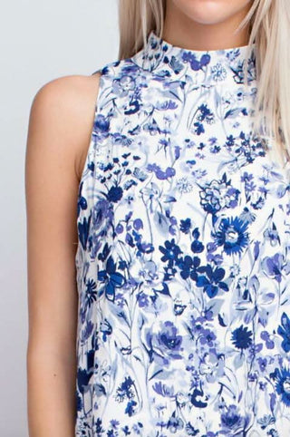 Relaxed swing silhouette blue and white mini dress - close-up view