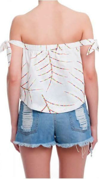 Palm Meadow White Off-Shoulder Tie Sleeve Top - Back View
