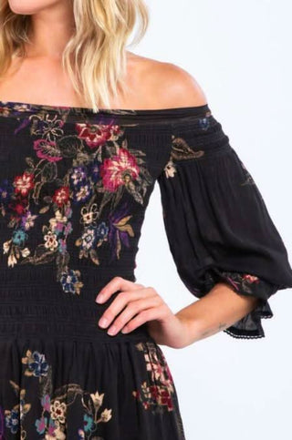 Black floral puff sleeve dress close up