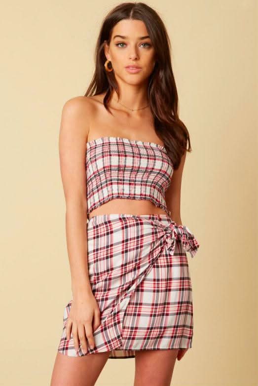 Plaid Tube Top and Wrap Skirt Dress Set