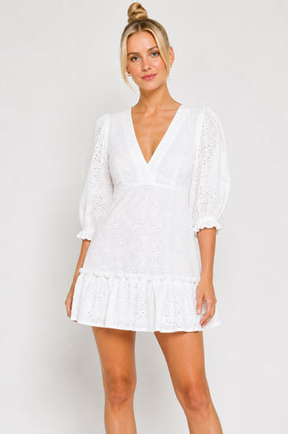 Loretta White Eyelet Mini Dress - Front View