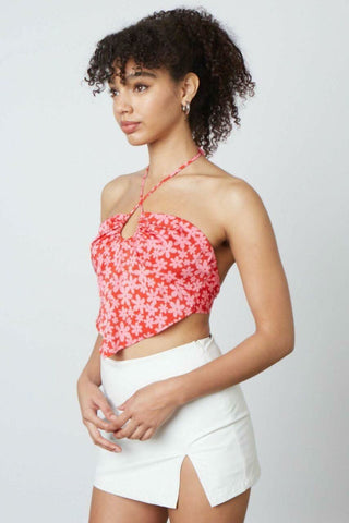 Red floral bandana top with open back tie detail