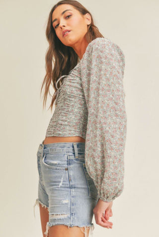 Lush Sweet Blooms Dusty Blue Floral Print Long Sleeve Crop Top - Side View