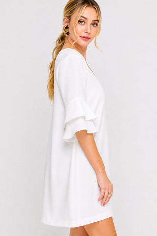 Jaqueline White Ruffle Sleeve Shift Dress - Side View