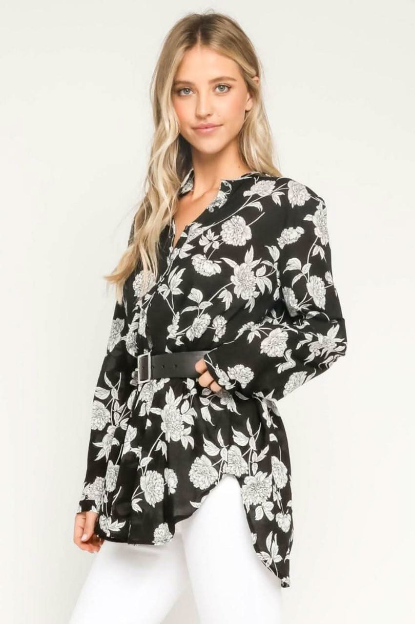 Gwyneth Black Floral Collarless Tunic
