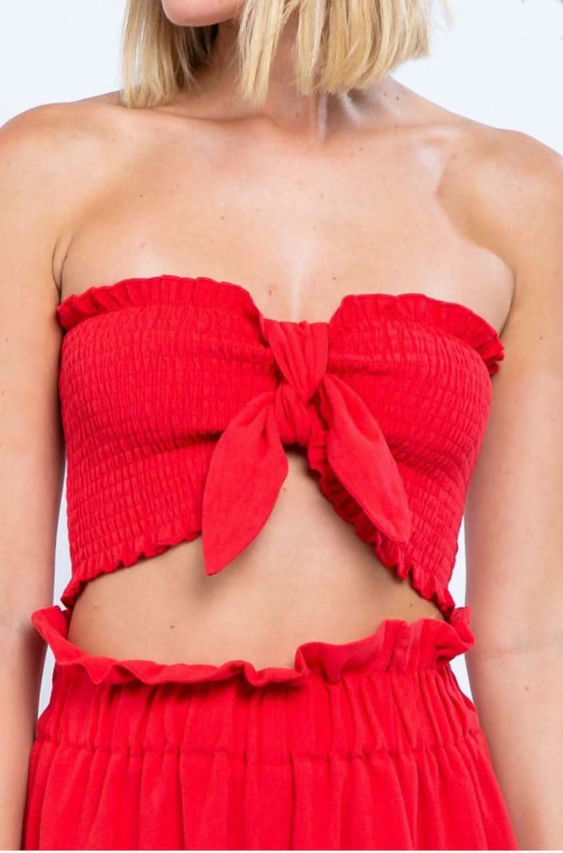 Houston Red Knotted Front Smocked Tube Top from our vacation tops collection
