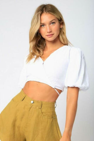 Wild Summer White Wrap Puff Sleeve Crop Top - Front View