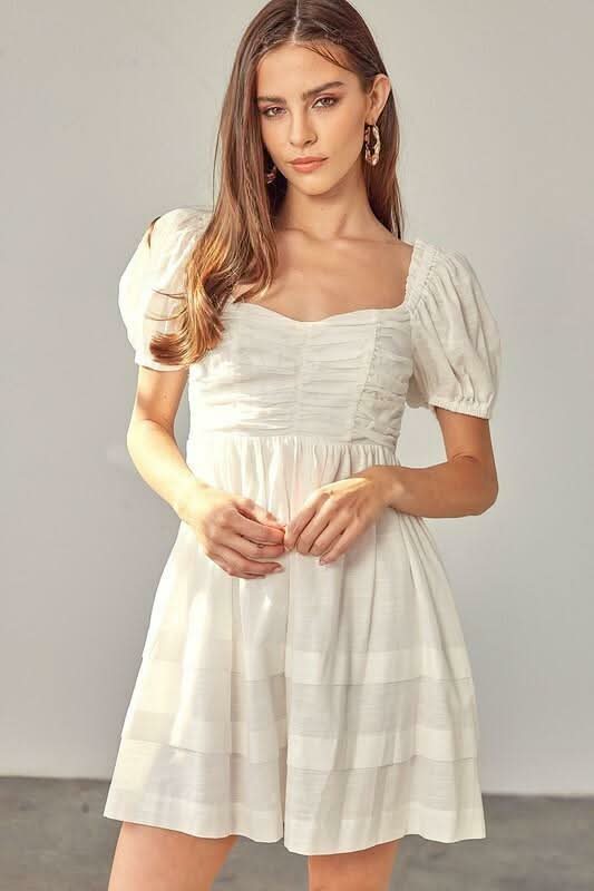 White Ruched Puff Sleeve Mini Dress 