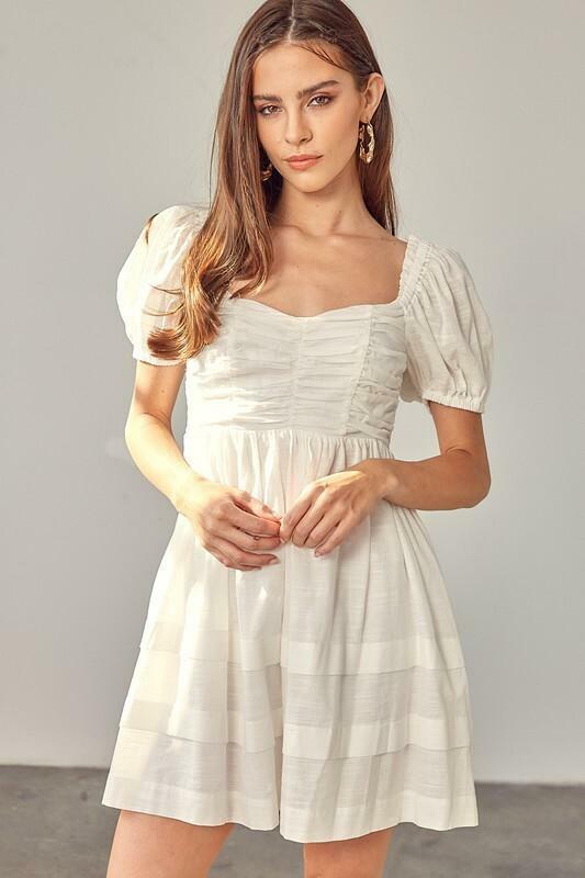 White Ruched Puff Sleeve Mini Dress 