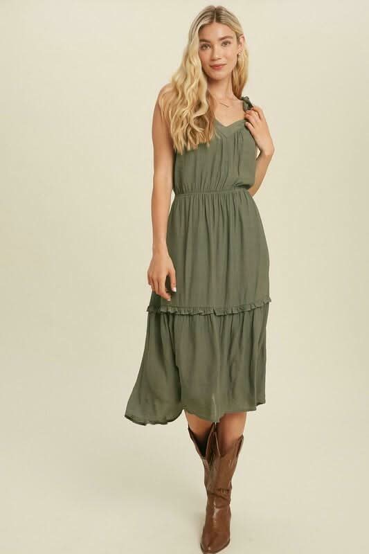 Wishlist Why Wait Olive Tie-Strap Midi Dress - V-Neckline - Fit-and-Flare - Ruffled Trim - Size S Wishlist Why Wait Olive Tie-Strap Midi Dress - V-Neckline - Fit-and-Flare - Ruffled Trim - Size S