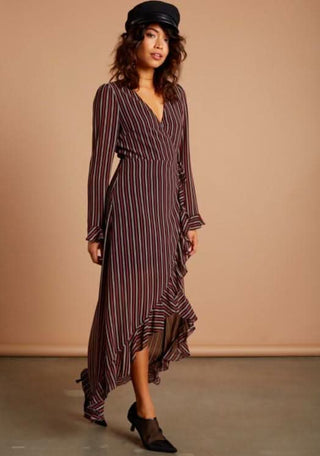 Vine Burgundy Stripe Long Sleeve Ruffle Wrap Maxi Dress - Boho Maxi Dress