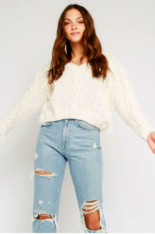 Ivory cable knit fringe sweater