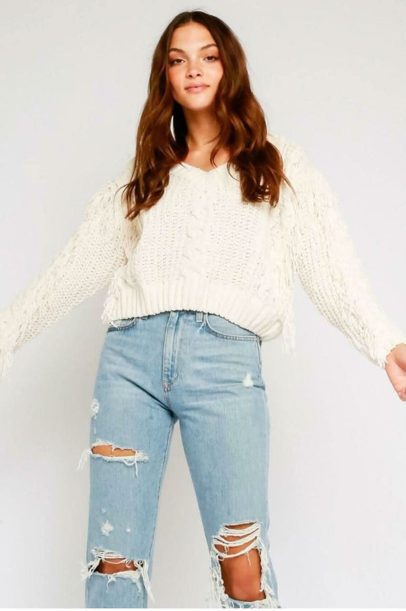 Ivory Cable Knit Fringe Sweater