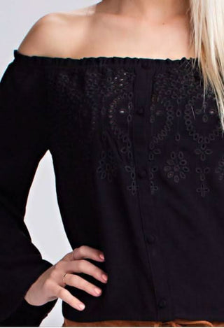 Evia Black Eyelet Off-the-Shoulder Bell Sleeve Top - Detailed View