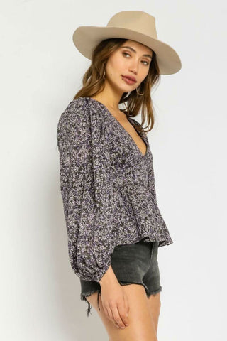 Escapade Purple Floral Babydoll Top -  Side View