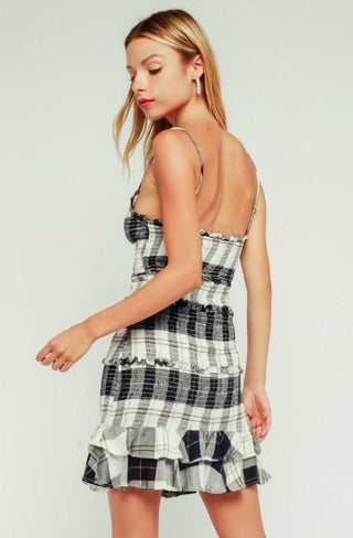 Rhea Black and Cream Plaid Print Smocked Ruffle Mini Dress back view