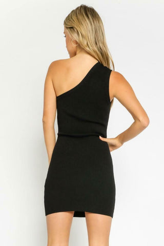 Lucky Me Black One-Shoulder Sweater Mini Dress - Back View