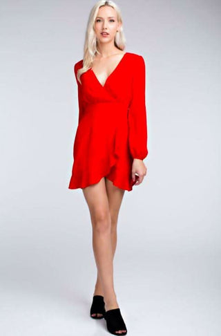 Second Chance Red Wrap Dress styled with block heels