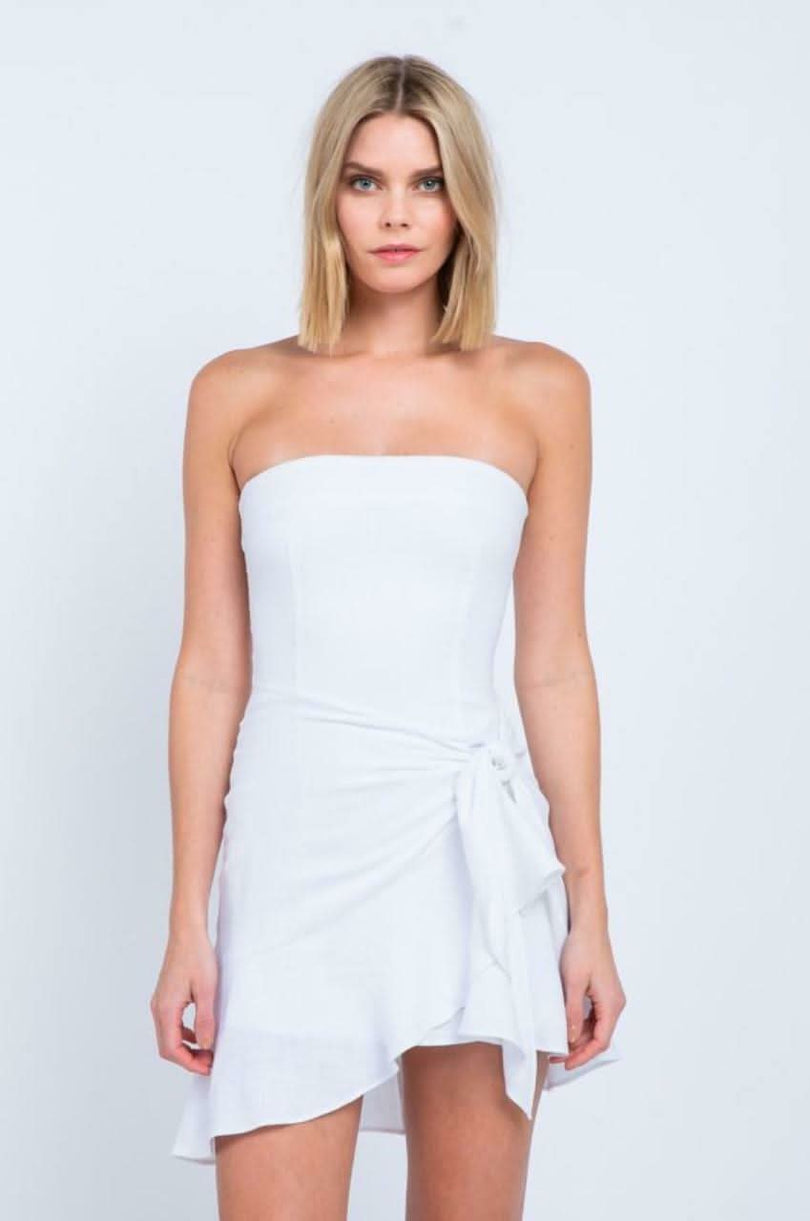 Demi White Strapless Mini Dress styled as a white hoco dress