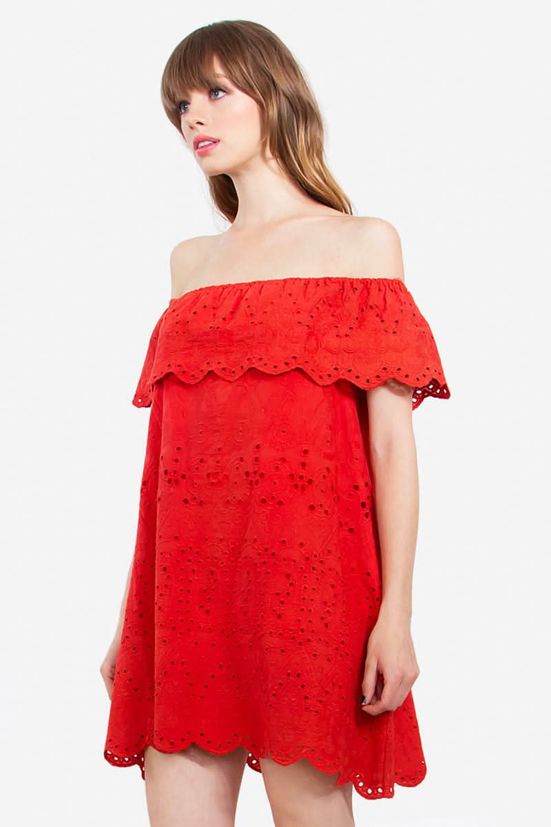 Red Eyelet Off-The-Shoulder Shift Dress