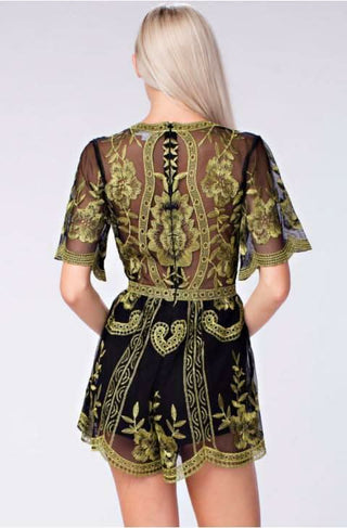 Endless Lace Black and Gold Deep V Romper - Back View