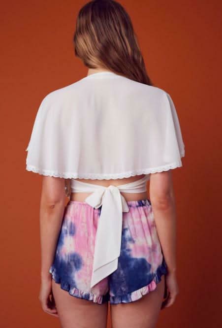 Boardwalk Pink Tie-Dye Ruffle Trim Shorts form our tie dye shorts for women