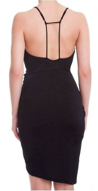 Back view of Jennifer Black Asymmetric Overlap Dress showing strop detail