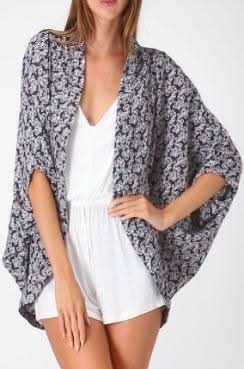 Julie Black Floral Print Kimono - Front View