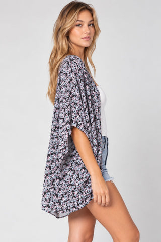 Julie Black Floral Print Kimono - Side View