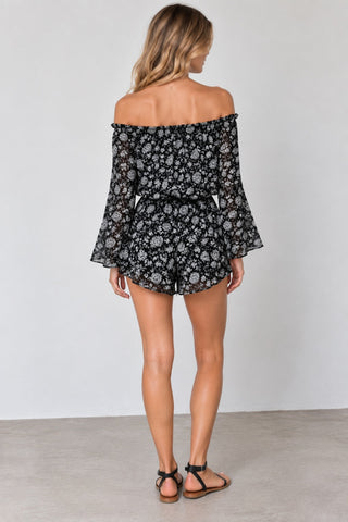 Brenda Black and White Floral Off-the-Shoulder Romper - Back View