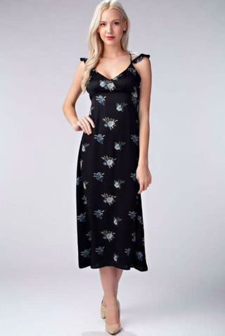 Along the Prairie Black Floral Print Midi Dress - Front View