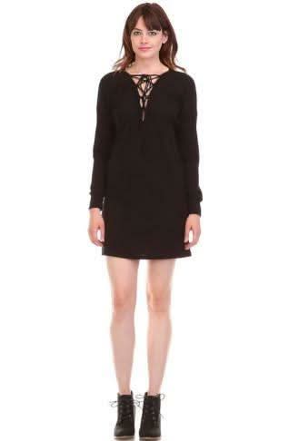 Honey Punch Good Vibes Black Lace Up Dress - Long Sleeve Shift Dress - Size L - Knit Fabric with Ribbing Honey Punch Good Vibes Black Lace Up Dress - Long Sleeve Shift Dress - Size L - Knit Fabric with Ribbing