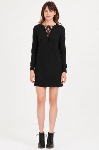 Good Vibes Black Lace Up Dress - Front View