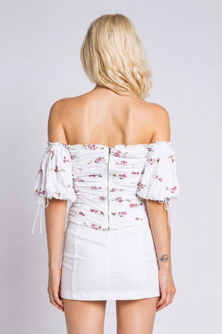 Summer Garden Purple and White Floral Print Off-the-Shoulder Top - Back View