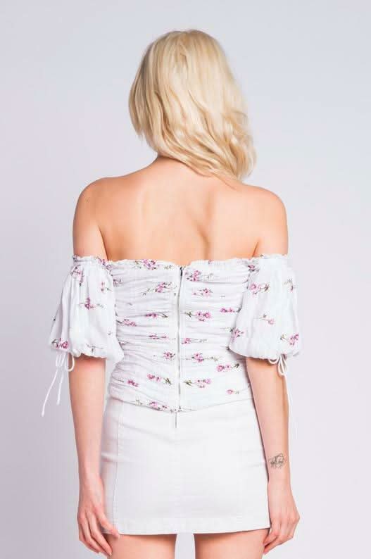 Purple and White Floral Print Off-the-Shoulder Top a white floral top