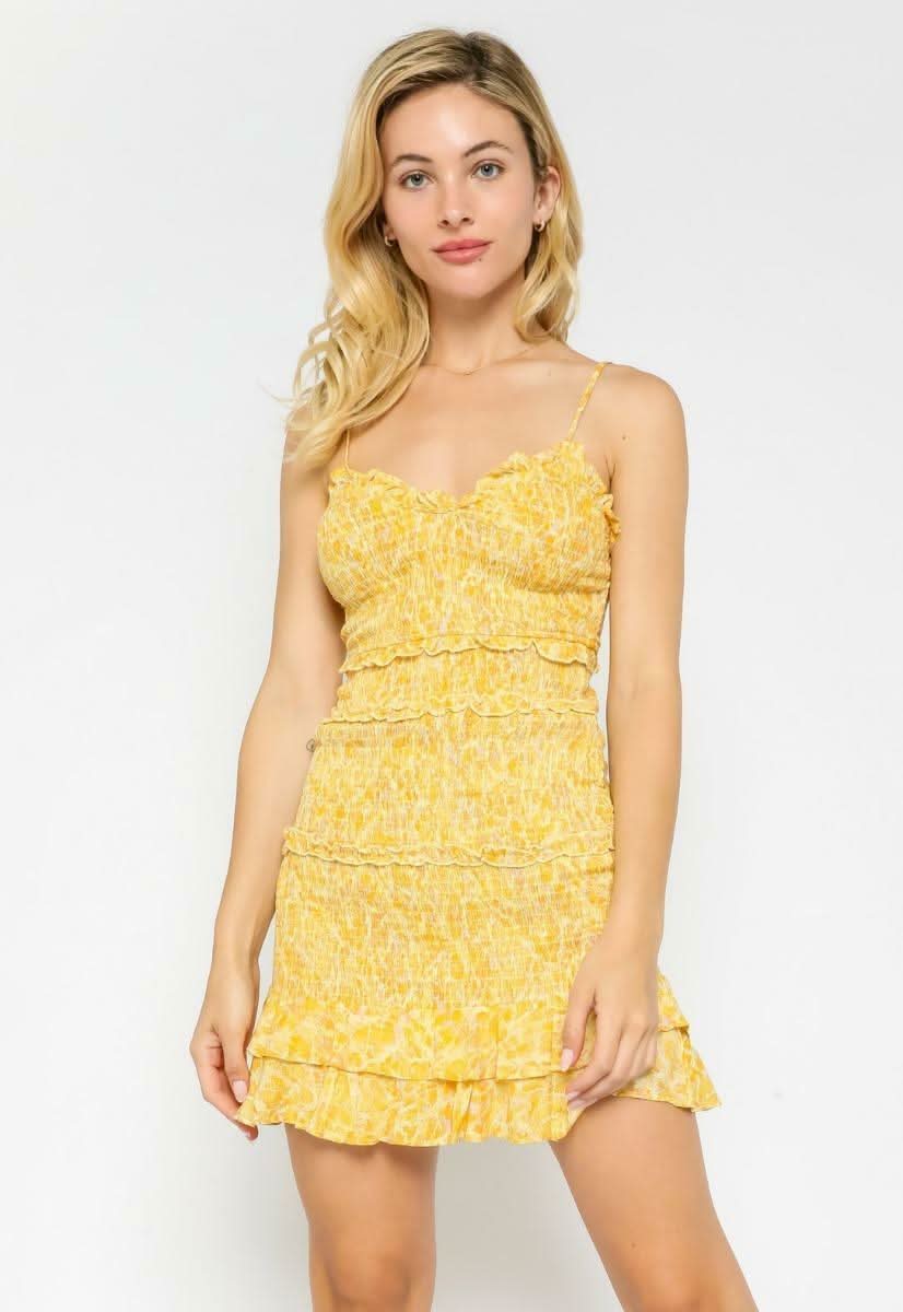 Olivaceous Rhea Yellow Snake Print Smocked Ruffle Mini Dress - Size L - Boho Style - V-Neckline - Spaghetti Straps - Tiered Ruffle Hem Olivaceous Rhea Yellow Snake Print Smocked Ruffle Mini Dress - Size L - Boho Style - V-Neckline - Spaghetti Straps - Tiered Ruffle Hem