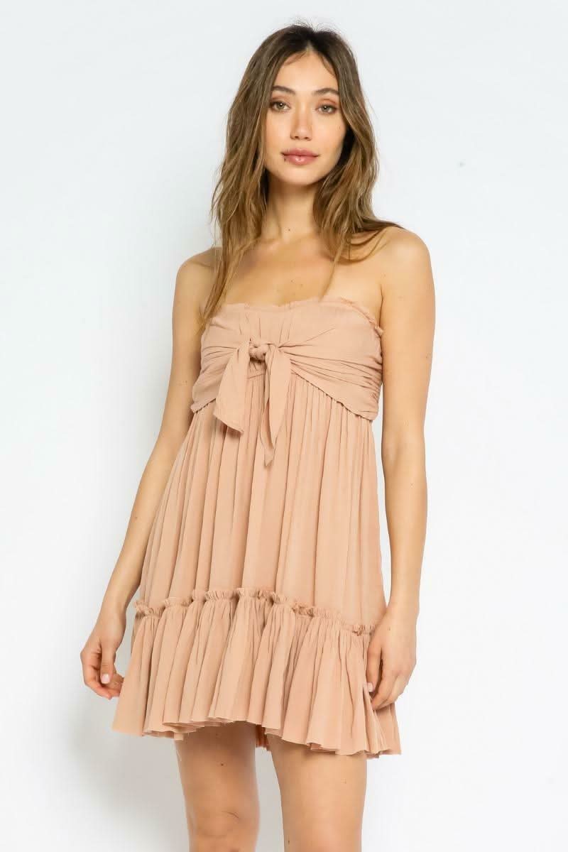 Sandy Beige Strapless Babydoll Mini Dress Flowy Ruffle Hem Olivaceous | Size L Sandy Beige Strapless Babydoll Mini Dress Flowy Ruffle Hem Olivaceous | Size L