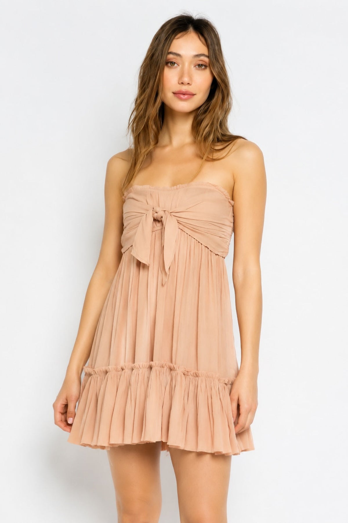 Sandy Beige Strapless Babydoll Mini Dress – Flowy Ruffle Hem – Olivaceous