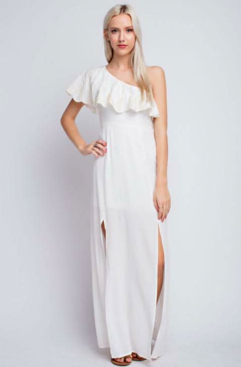 one shoulder maxi dress with ruffle Powder Blue One-Shoulder Ruffle Maxi Dress | Womens | Small (Available in 3X, 1X, XS, XL) | Polyester/Spandex