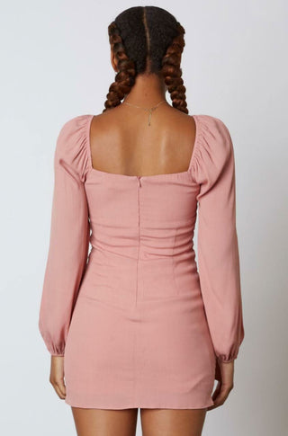 Dusty pink bodycon mini dress with puff sleeves - back view