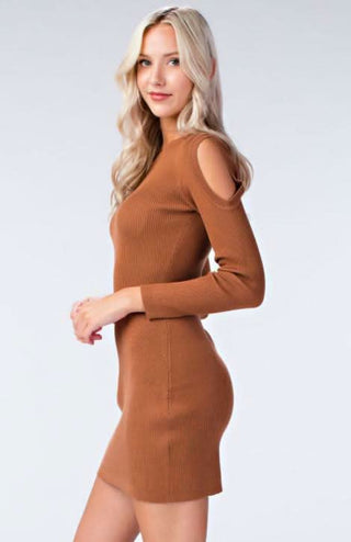 camel ribbed long sleeve mini dress side view