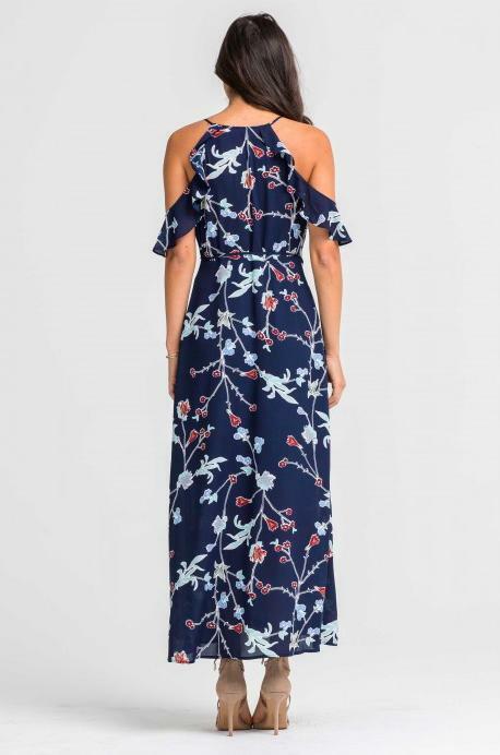 Grace Navy Floral Cold-Shoulder Maxi Dress -  BohoPink