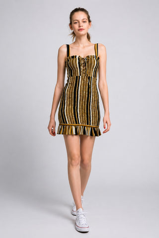Ciao Bella Black and Gold Striped Smocked Mini Dress -  Outfit View