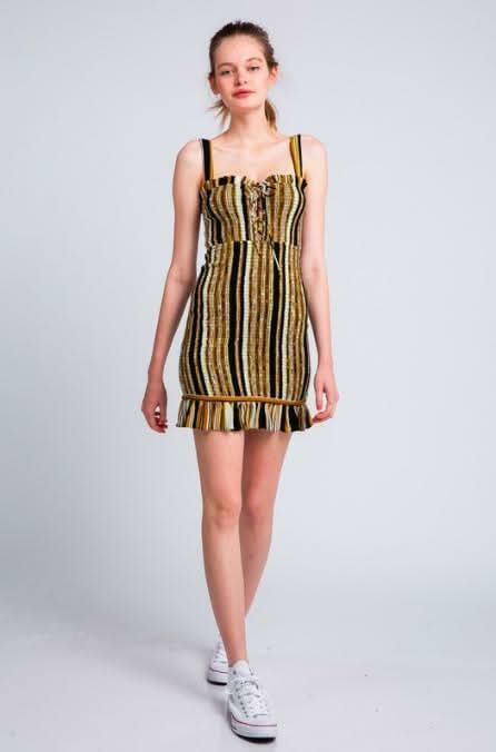 Ciao Bella Black and Gold Striped Smocked Mini Dress -  BohoPink