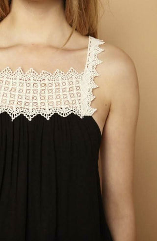 Peaches and Dream Black Crochet Trim Tank Top - Detailed View