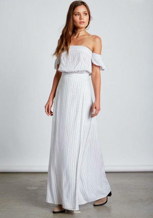 White Stripe Off-the-Shoulder Maxi Dress