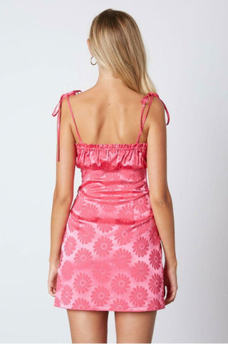 Fuchsia pink floral satin tie front mini dress - back view
